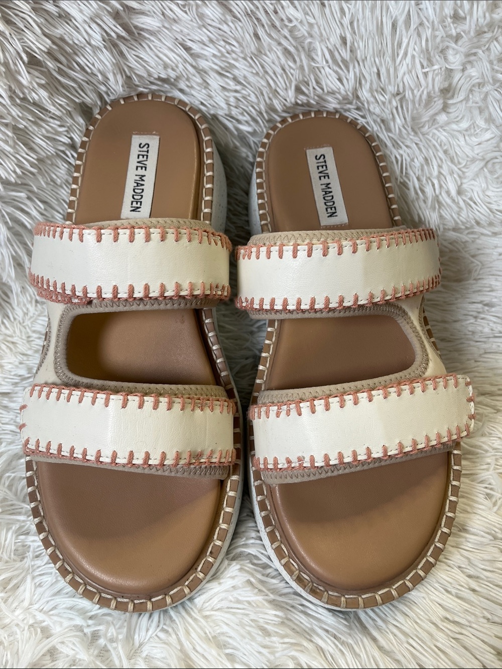 Steve Madden Cream and Tan Double-Strap Sandals with Pink Stitching